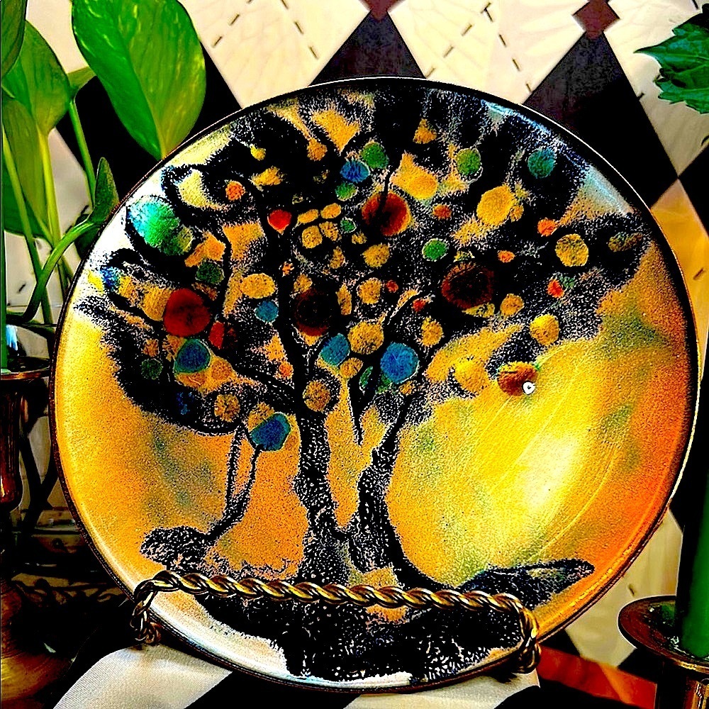 Copper Enamel Tree Design Art Plate‎ | Vibrant Hand-Fired Colors • One-of-a-Kind